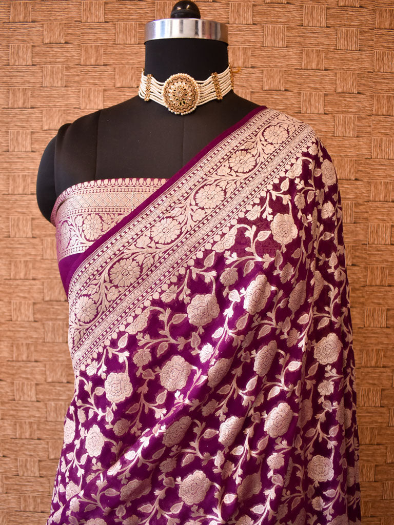 Banarasi Pure Khaddi Georgette Saree With Jaal Zari Weaving-Wine