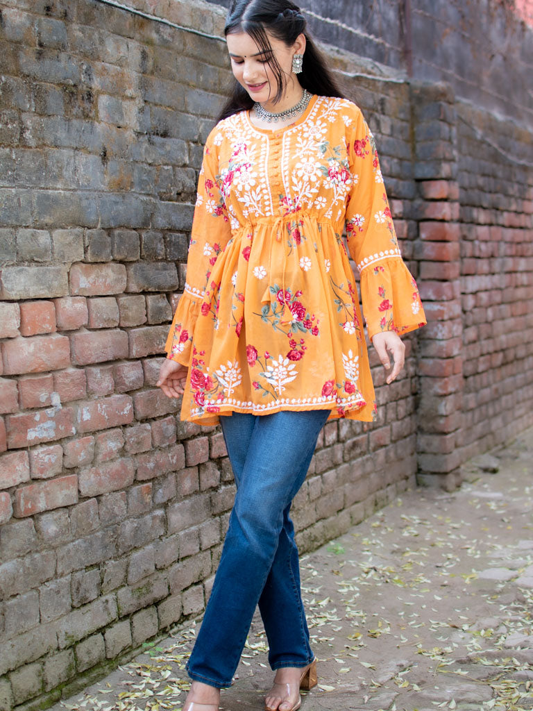 Readymade Chikankari Short Floral Print Georgette Kurti-Orange
