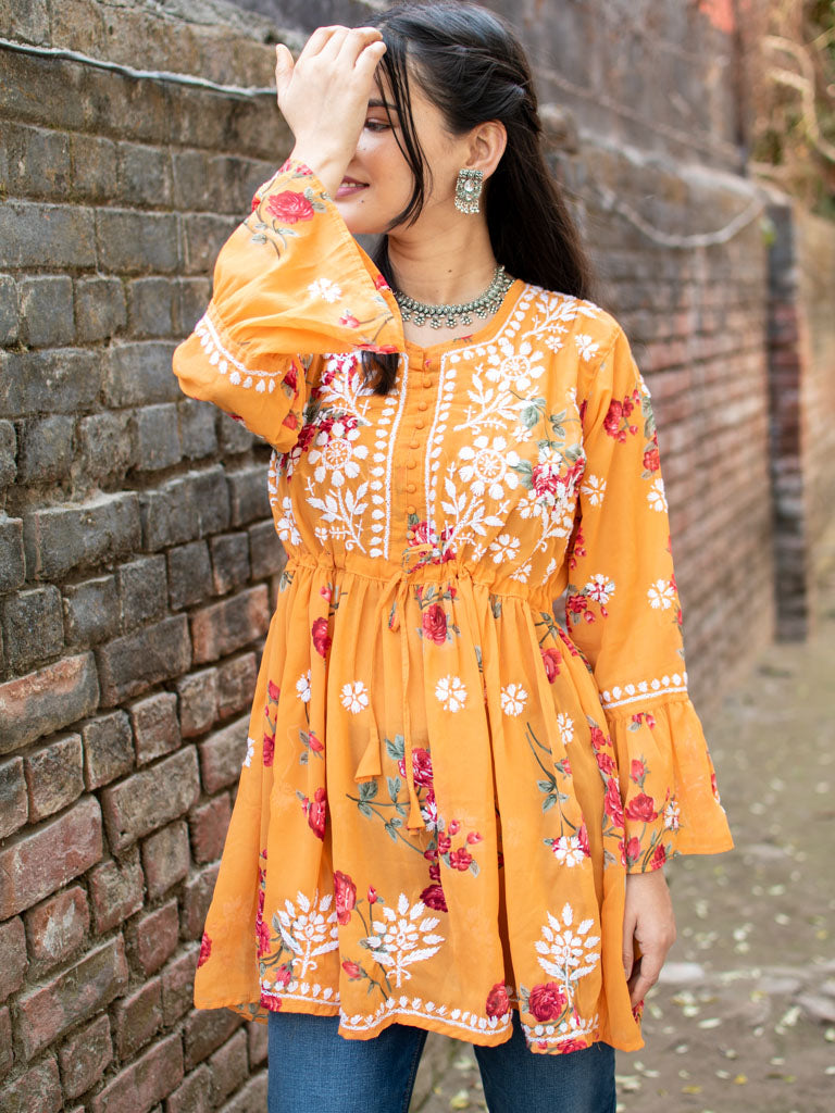 Readymade Chikankari Short Floral Print Georgette Kurti-Orange