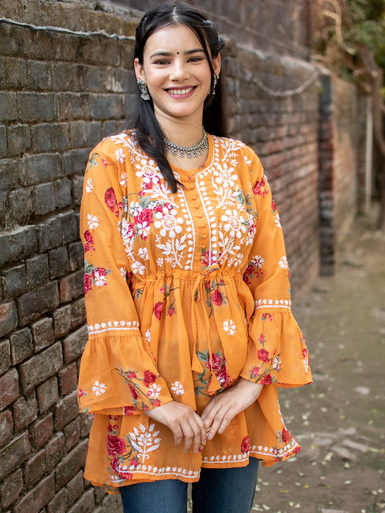 Readymade Chikankari Short Floral Print Georgette Kurti-Orange