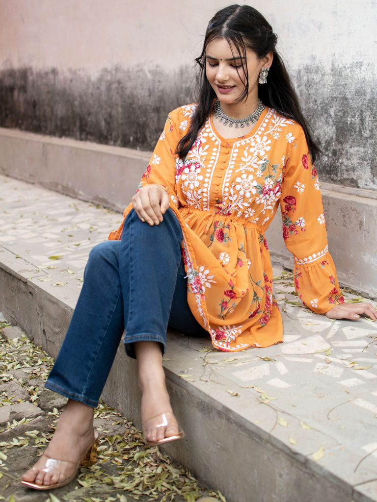 Readymade Chikankari Short Floral Print Georgette Kurti-Orange