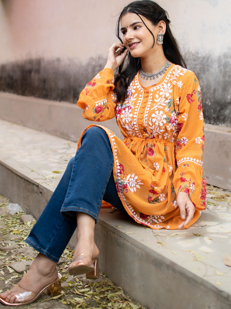 Readymade Chikankari Short Floral Print Georgette Kurti-Orange