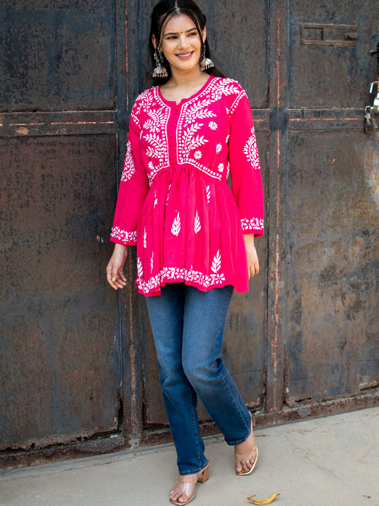 Readymade Chikankari Short Kurti-Pink