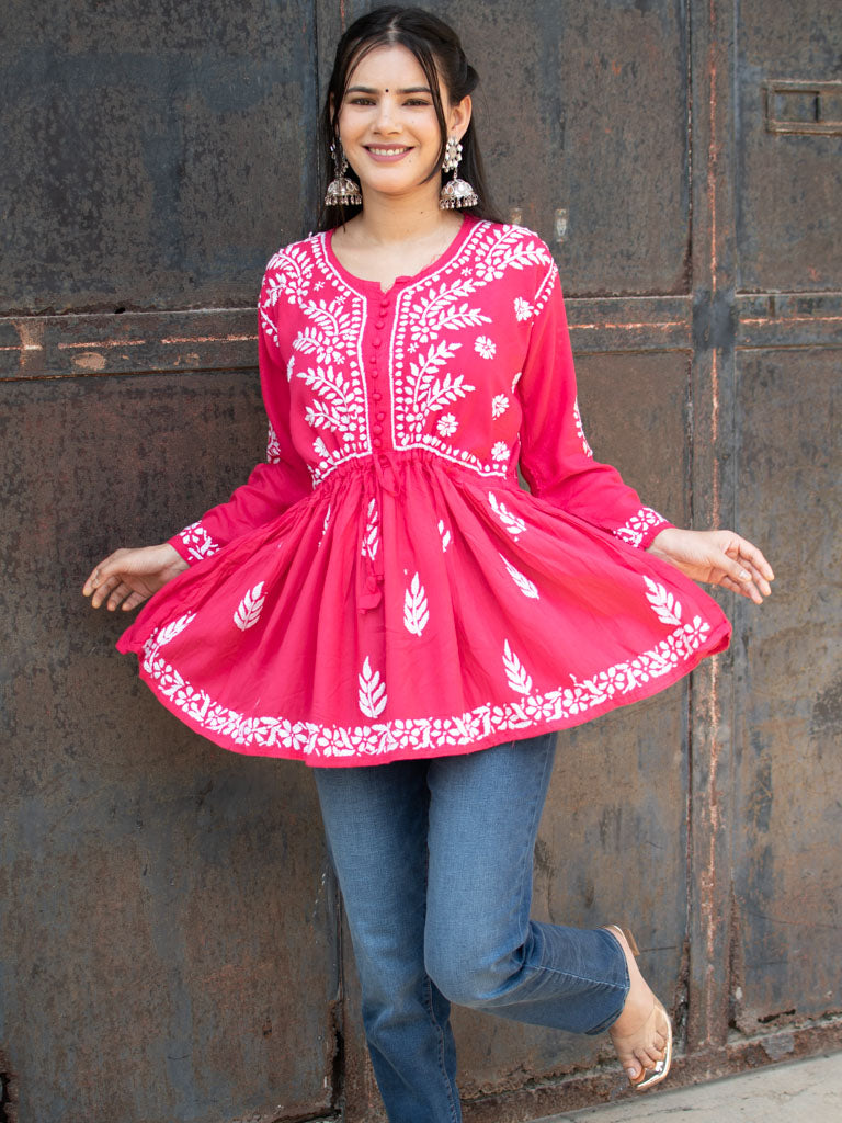 Readymade Chikankari Short Kurti-Pink