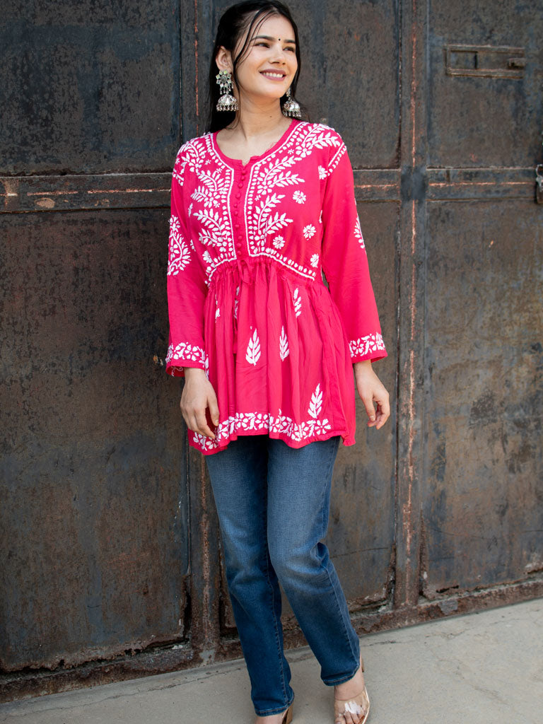 Readymade Chikankari Short Kurti-Pink