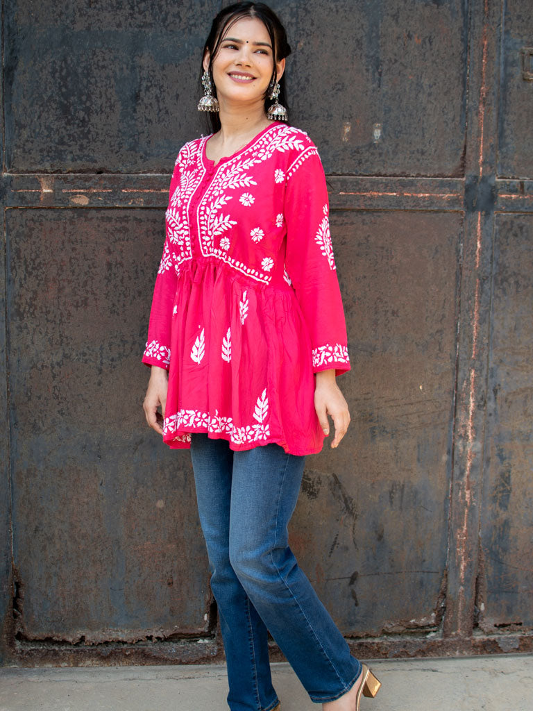 Readymade Chikankari Short Kurti-Pink