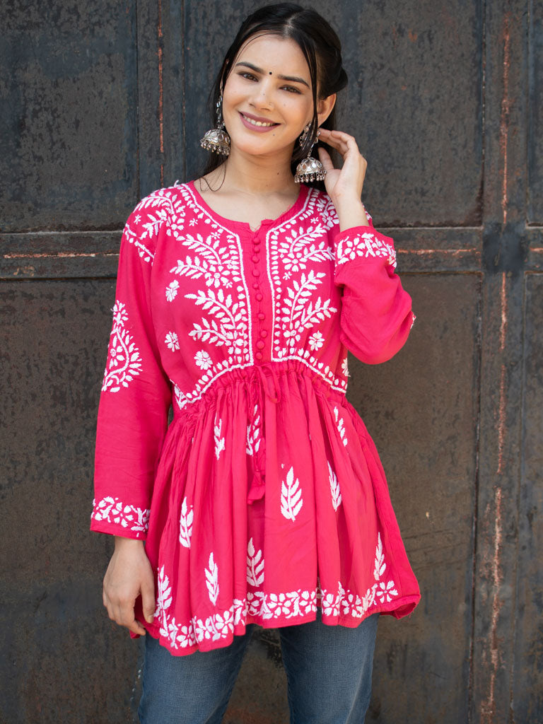 Readymade Chikankari Short Kurti-Pink