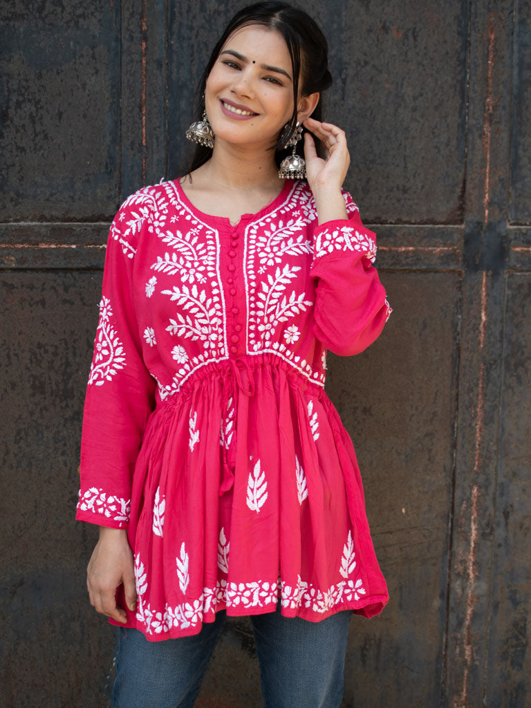 Readymade Chikankari Short Kurti-Pink