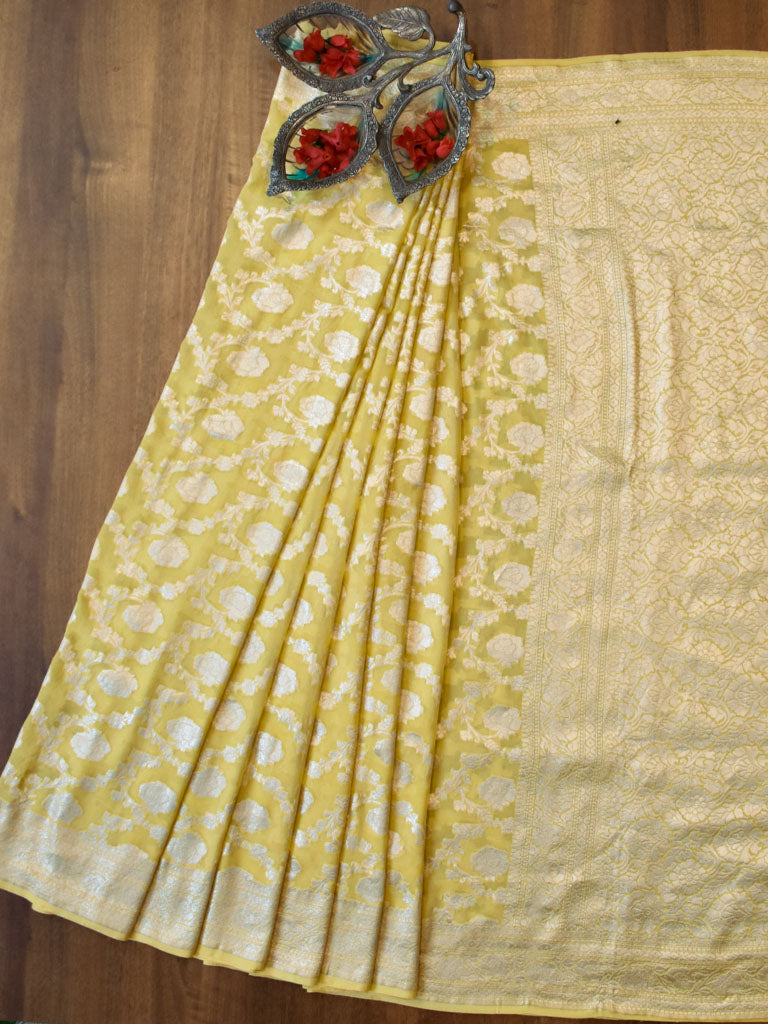 Banarasi Pure Khaddi Georgette Saree With Jaal Zari Weaving-Yellow