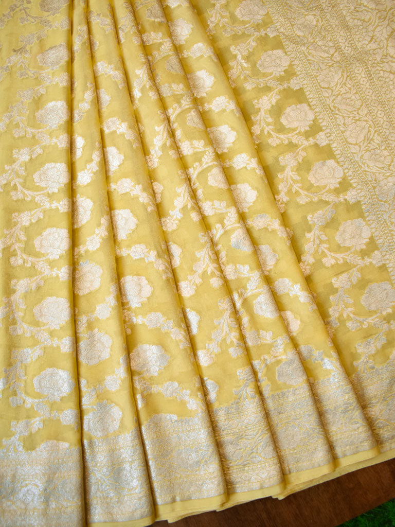 Banarasi Pure Khaddi Georgette Saree With Jaal Zari Weaving-Yellow