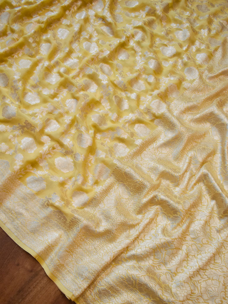 Banarasi Pure Khaddi Georgette Saree With Jaal Zari Weaving-Yellow