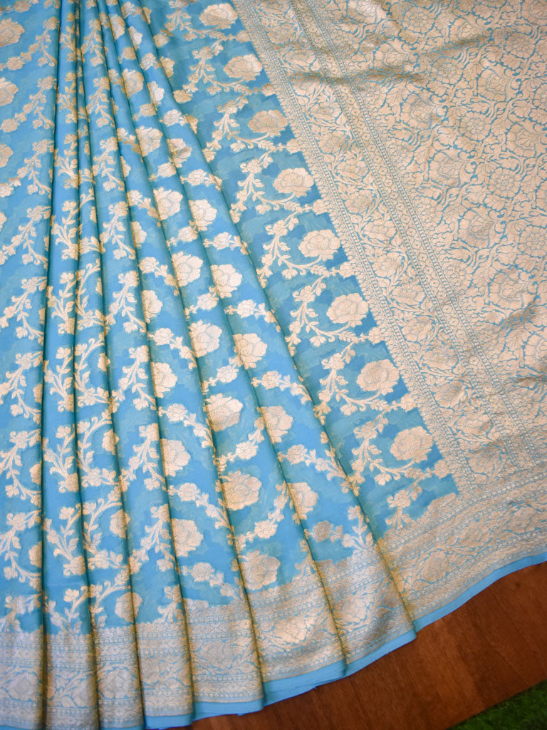 Banarasi Pure Khaddi Georgette Saree With Jaal Zari Weaving-Blue