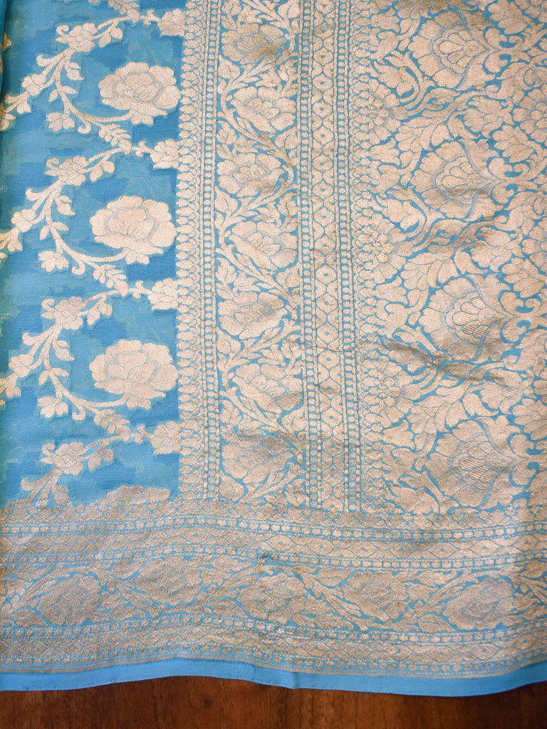 Banarasi Pure Khaddi Georgette Saree With Jaal Zari Weaving-Blue