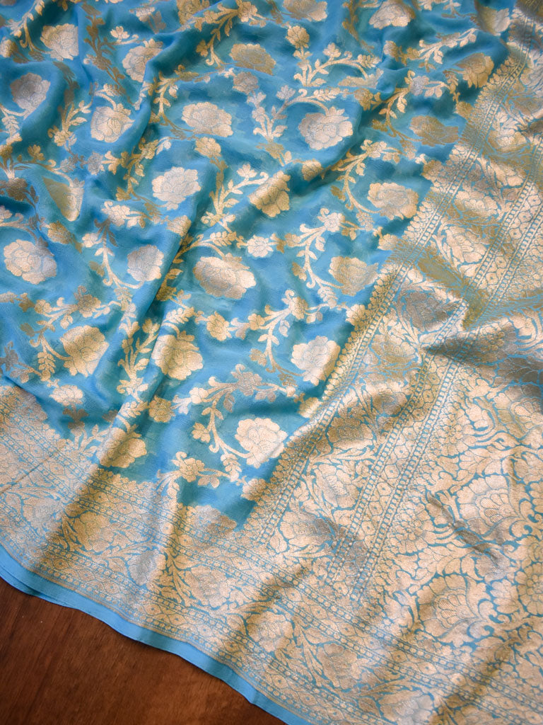 Banarasi Pure Khaddi Georgette Saree With Jaal Zari Weaving-Blue