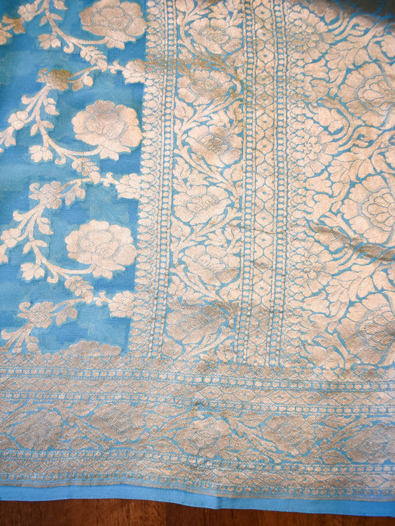 Banarasi Pure Khaddi Georgette Saree With Jaal Zari Weaving-Blue