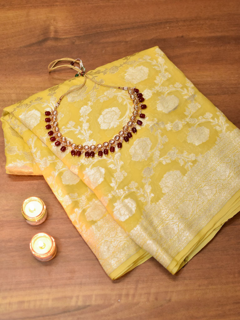 Banarasi Pure Khaddi Georgette Saree With Jaal Zari Weaving-Yellow