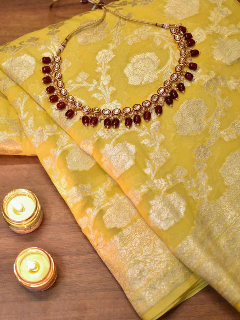 Banarasi Pure Khaddi Georgette Saree With Jaal Zari Weaving-Yellow