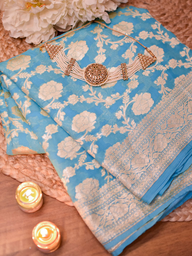 Banarasi Pure Khaddi Georgette Saree With Jaal Zari Weaving-Blue