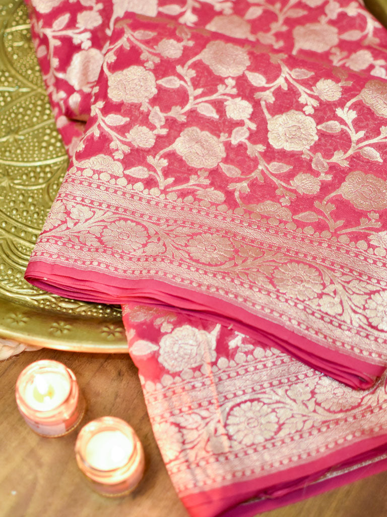 Banarasi Pure Khaddi Georgette Saree With Jaal Zari Weaving-Strawberry Pink