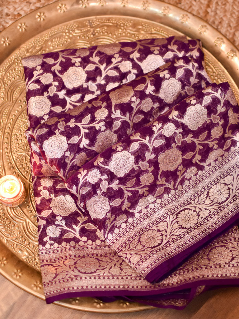 Banarasi Pure Khaddi Georgette Saree With Jaal Zari Weaving-Wine