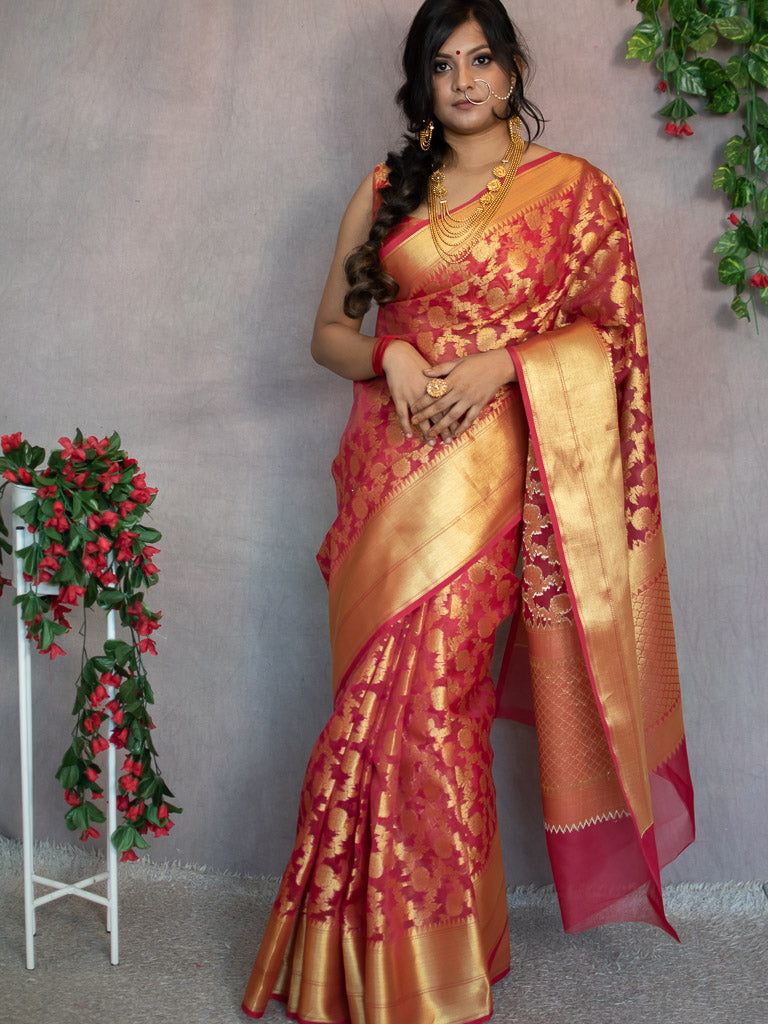 Banarasi Kora Saree With Zari Jalal Weaving- Red