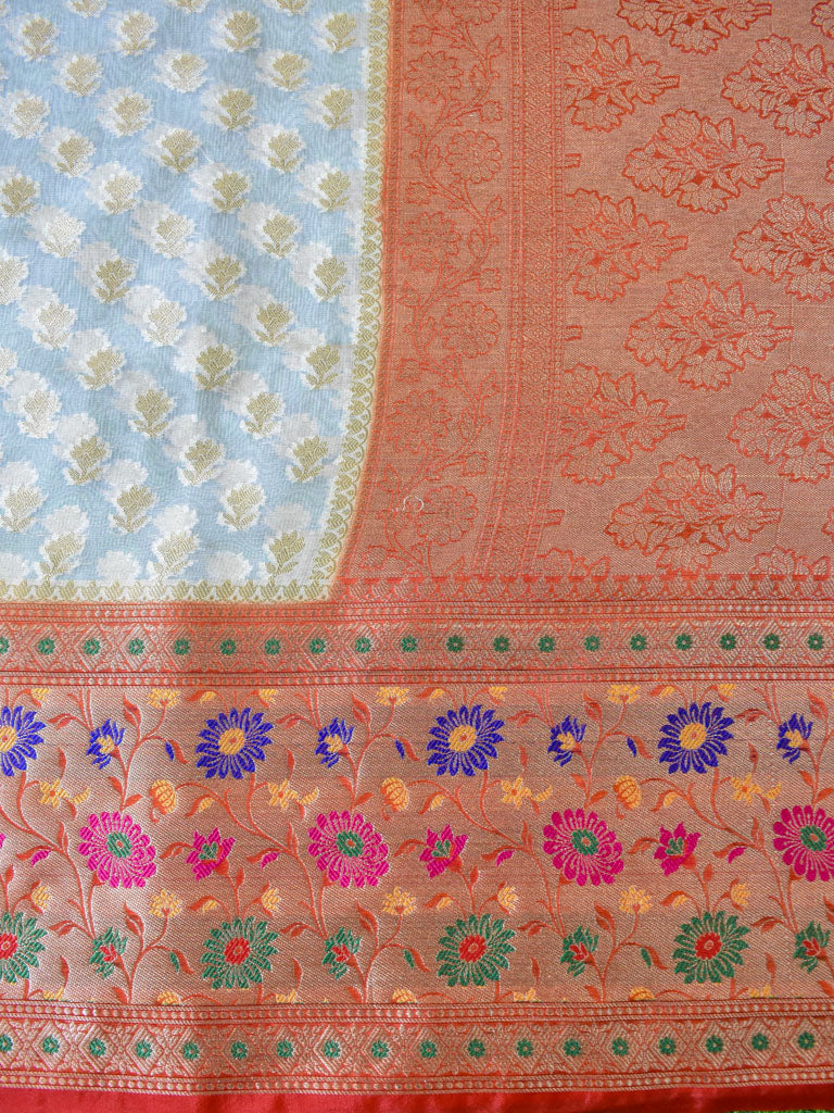 Banarasi Kora Saree With Zari Weaving & Contrast Meena Border-Off White & Red