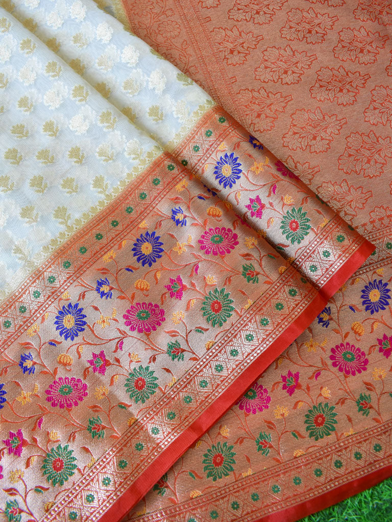 Banarasi Kora Saree With Zari Weaving & Contrast Meena Border-Off White & Red