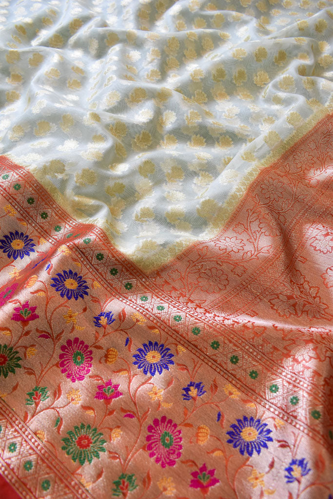 Banarasi Kora Saree With Zari Weaving & Contrast Meena Border-Off White & Red