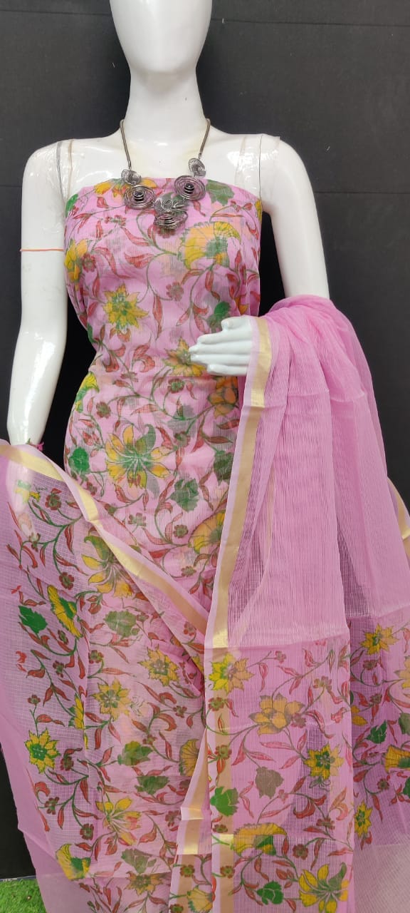 Banarasi Kota Floral Printed Salwar Kameez Fabric & Dupatta Set-Pink