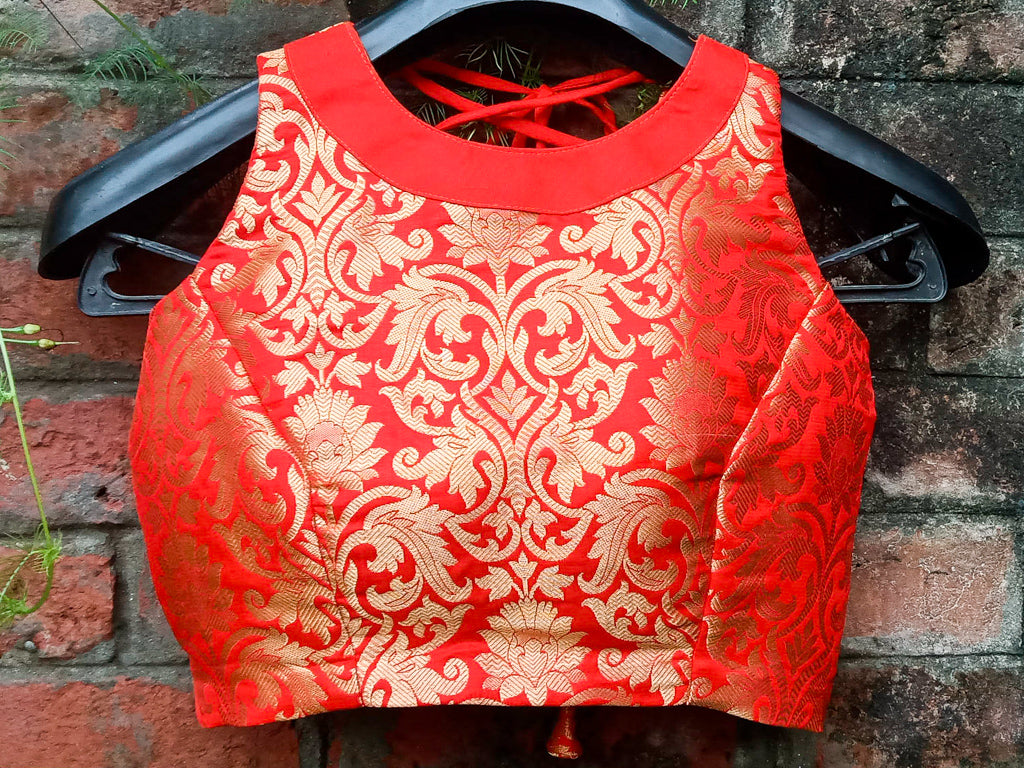 Banarasi Stitched Sleeveless Blouse-Orange