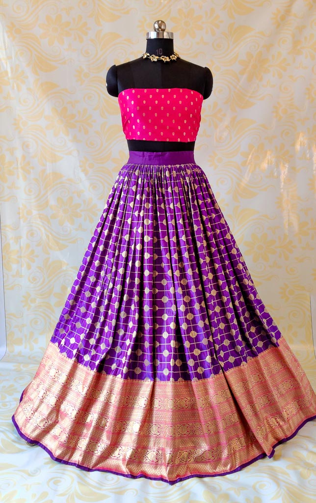 Banarasi Brocade Stitched Skirt-Purple 44-46 inches