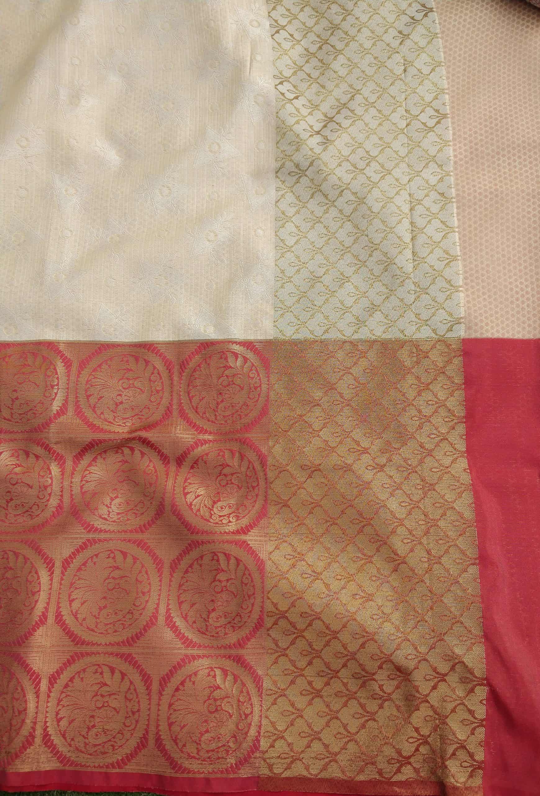 Banarasi Kora Muslin Half & Half Saree With Tanchoi Weaving -Beige & Red