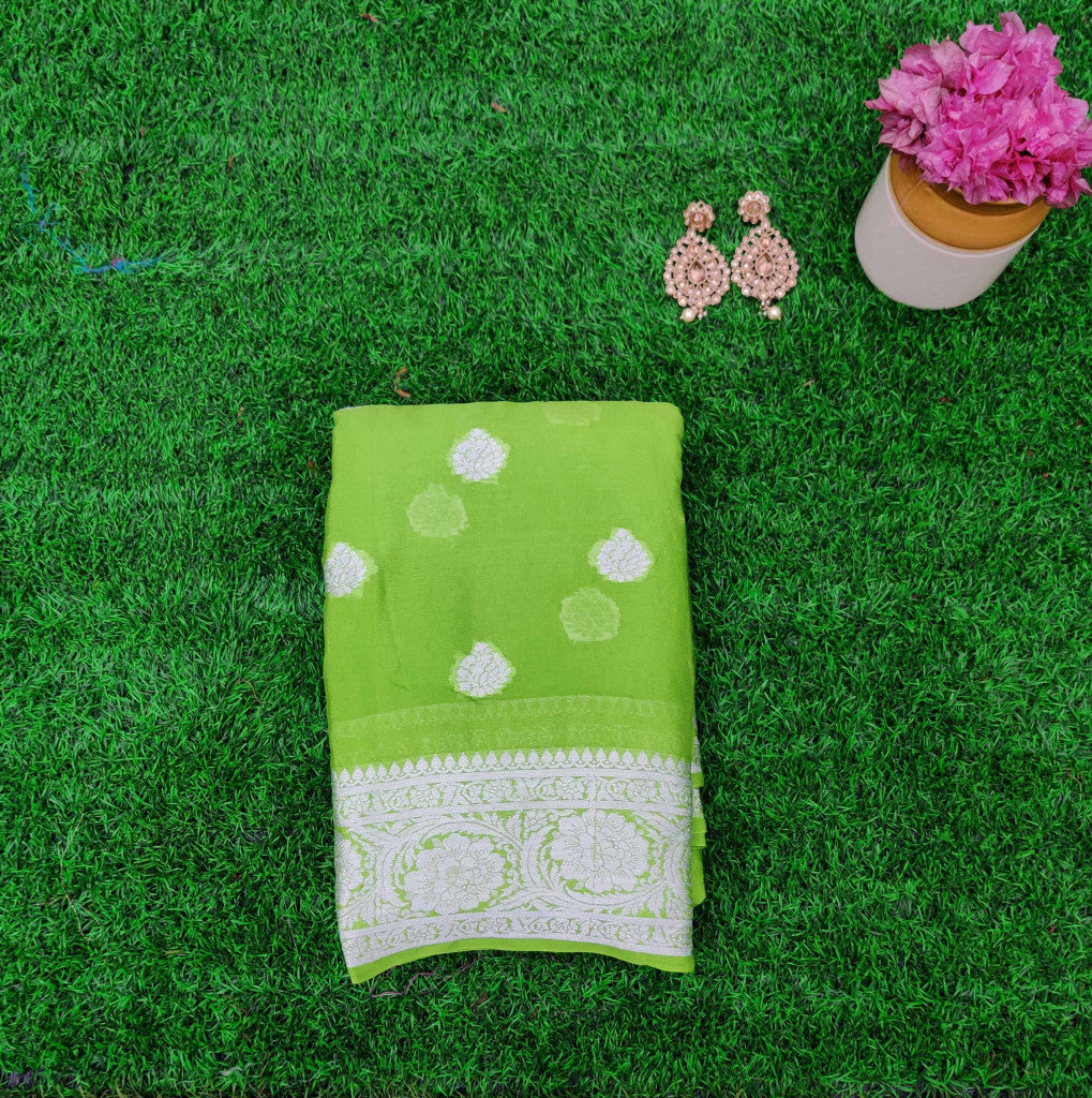 Banarasi Chiffon Saree Silver Zari Weaving-Green