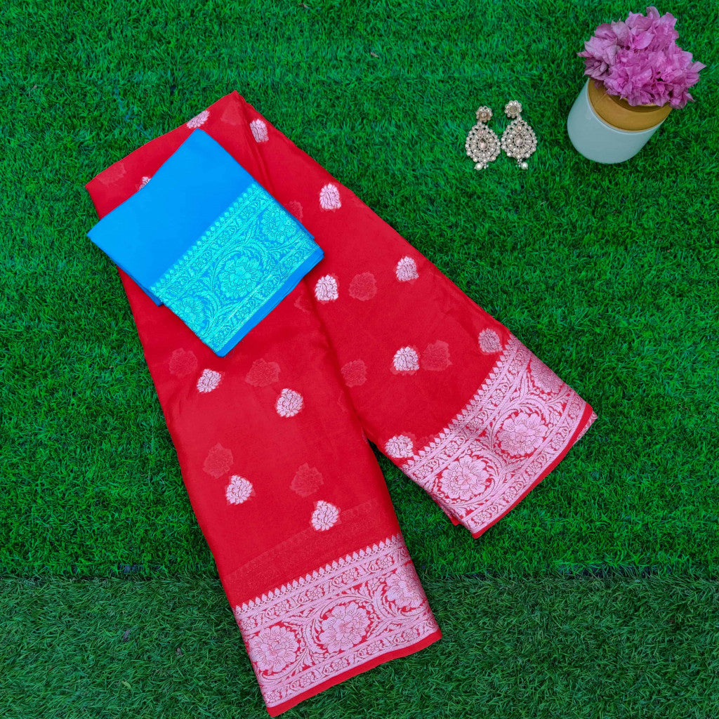 Banarasi Chiffon Saree Silver Zari Weaving-Red
