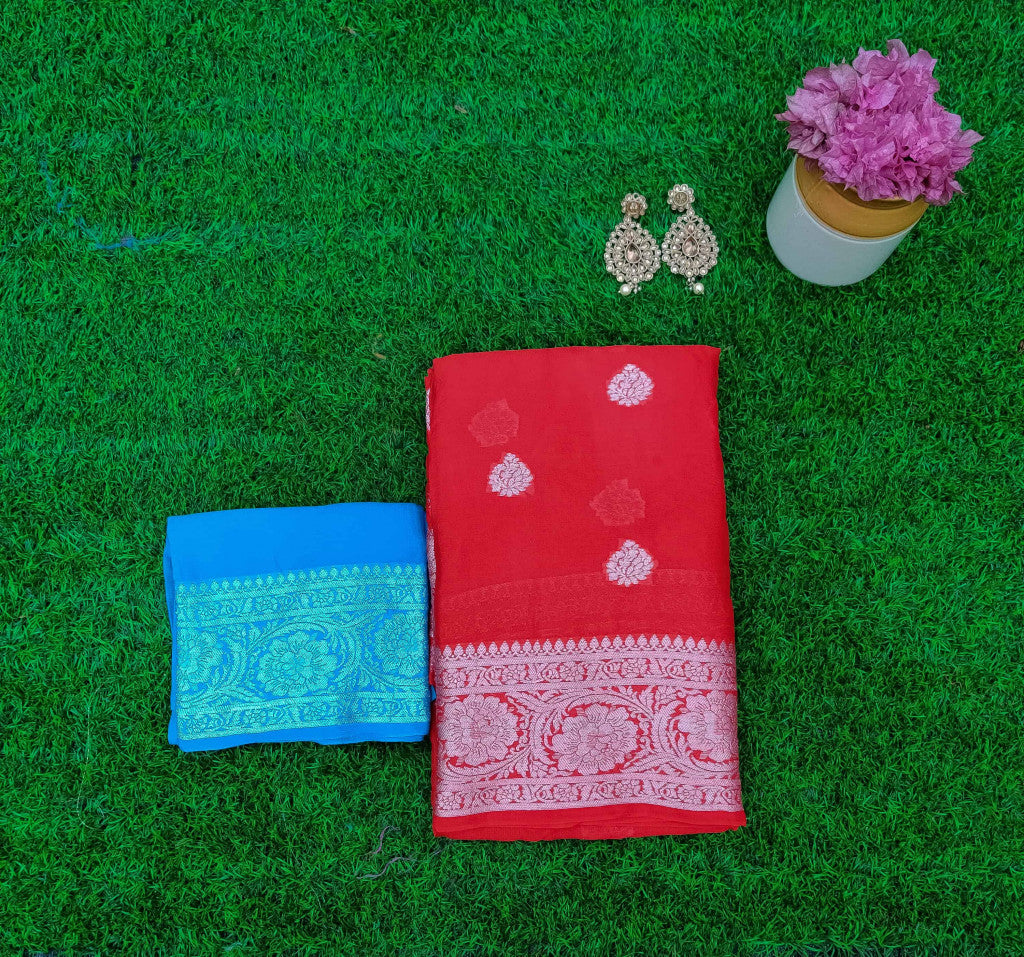 Banarasi Chiffon Saree Silver Zari Weaving-Red
