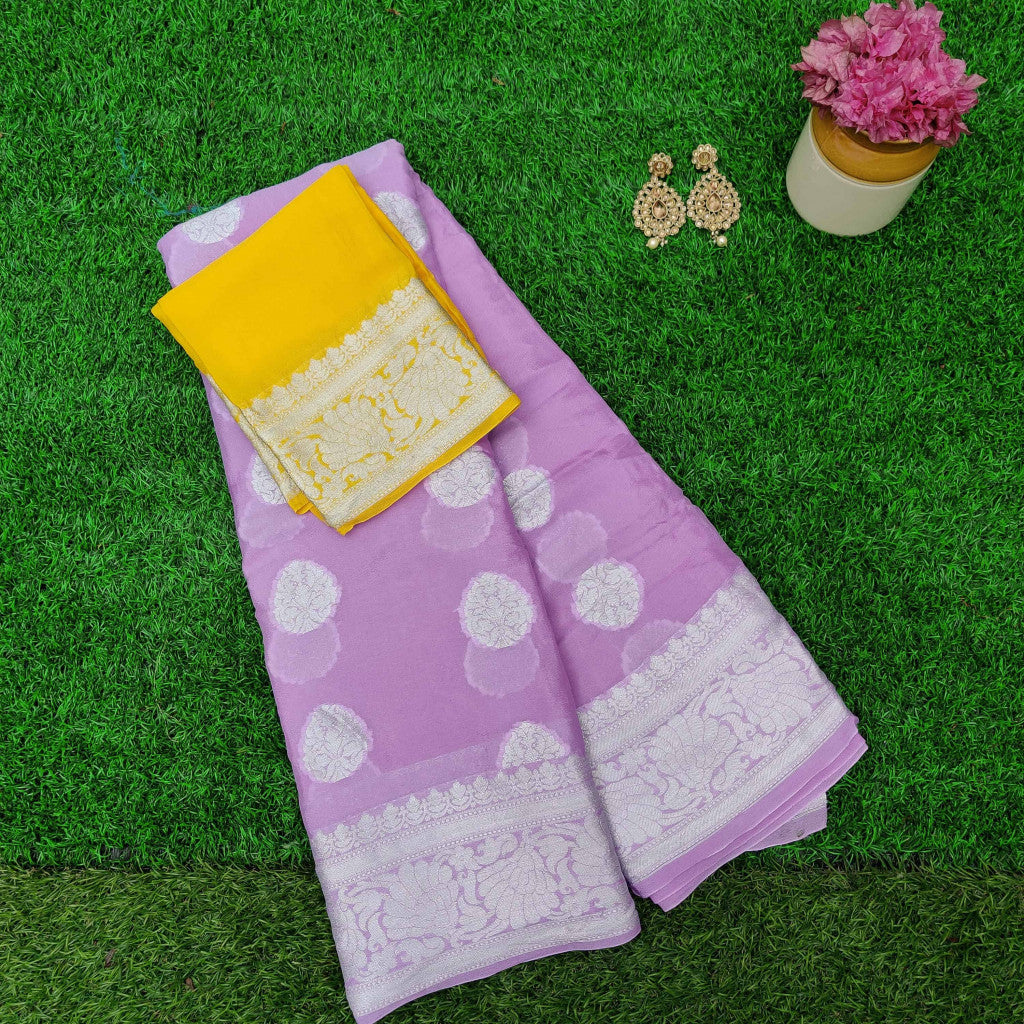 Banarasi Chiffon Saree Silver Zari Weaving-Lilac & Yellow