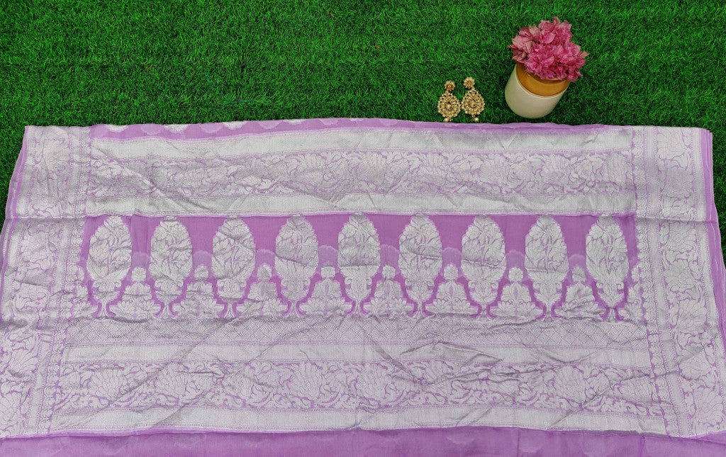 Banarasi Chiffon Saree Silver Zari Weaving-Lilac & Yellow