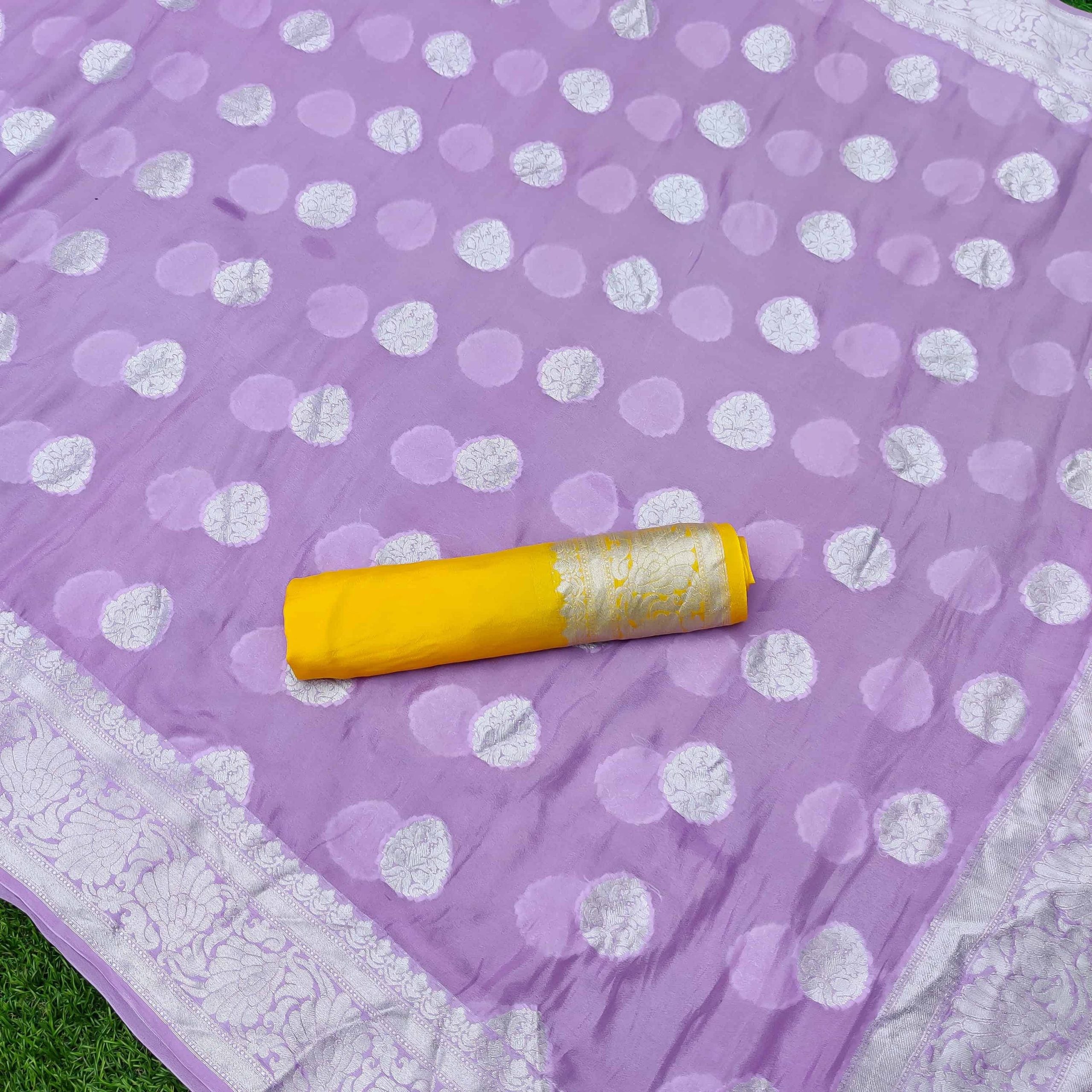 Banarasi Chiffon Saree Silver Zari Weaving-Lilac & Yellow