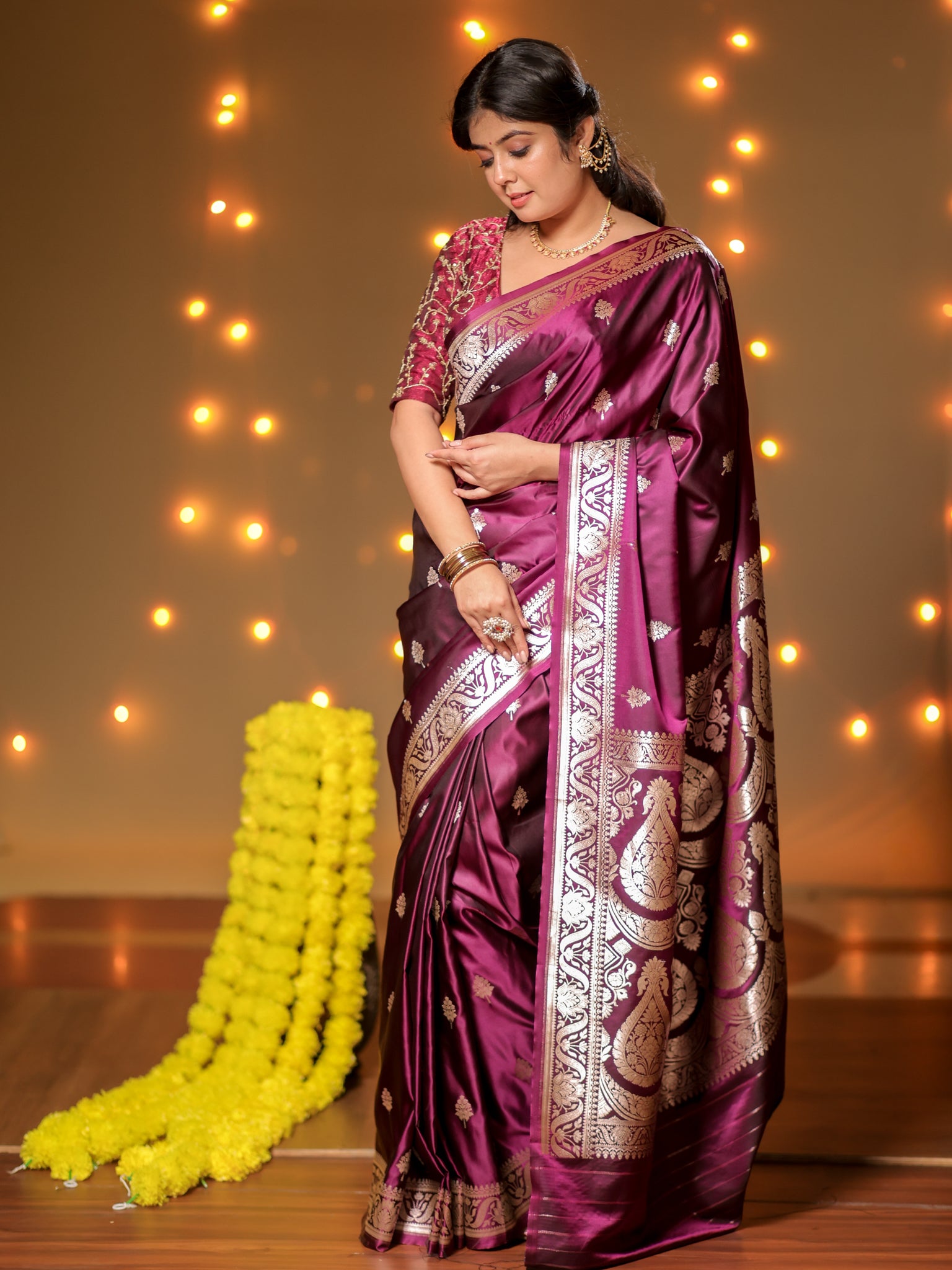 Banarasi Mashru Silk Saree With Buti & Border- Wine