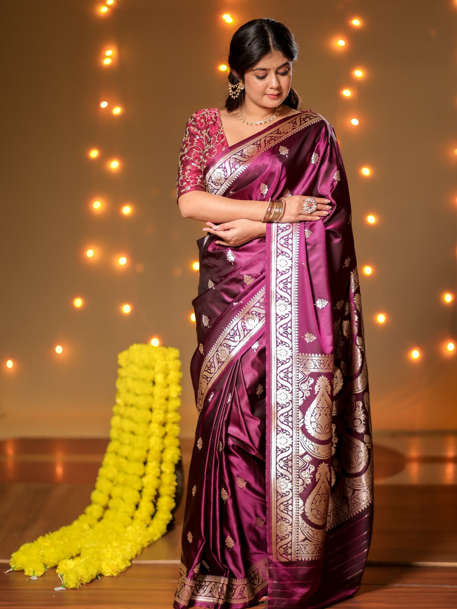 Banarasi Mashru Silk Saree With Buti & Border- Wine