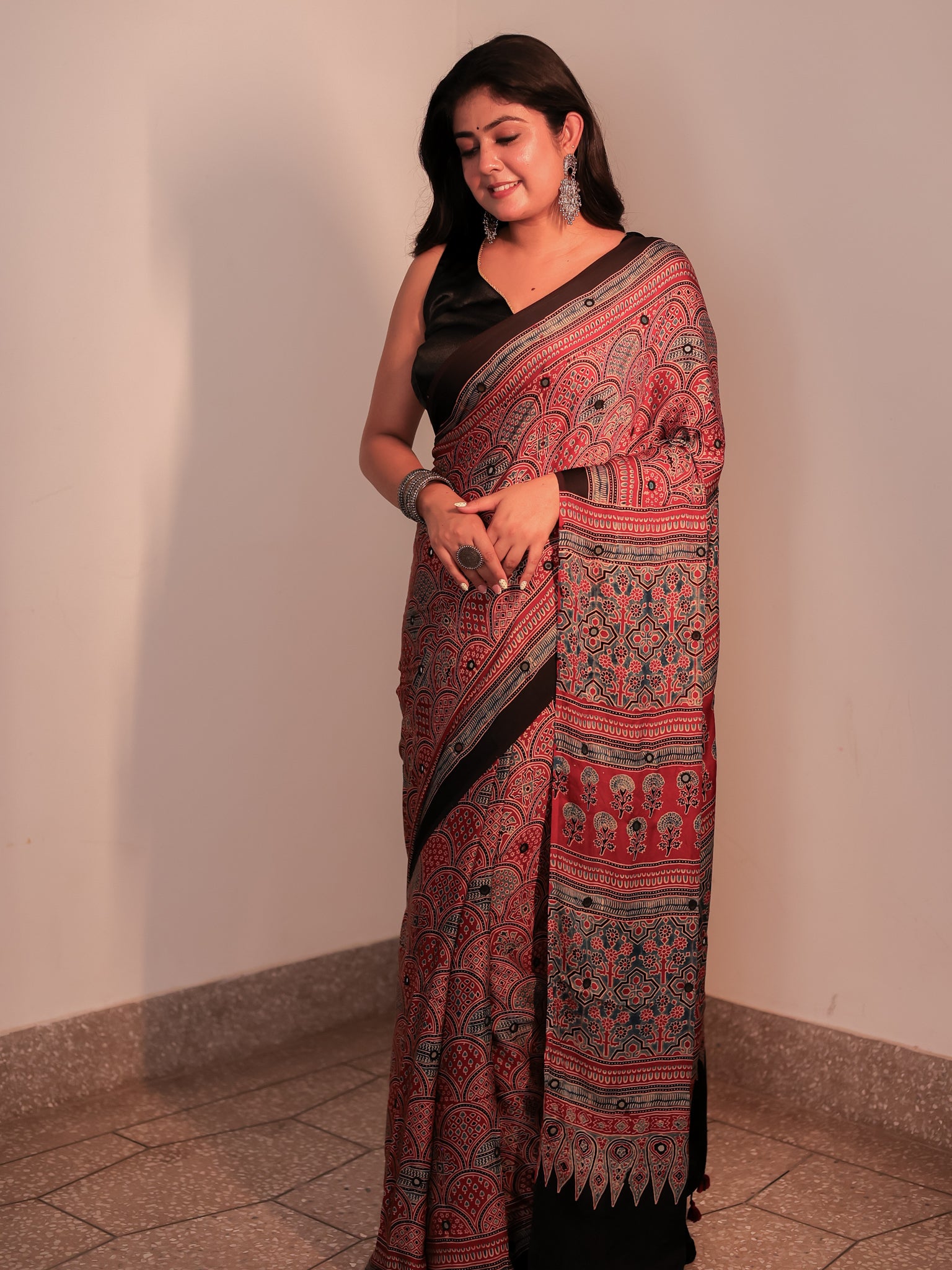 Red Mirror Work Ajrakh Modal Silk Saree