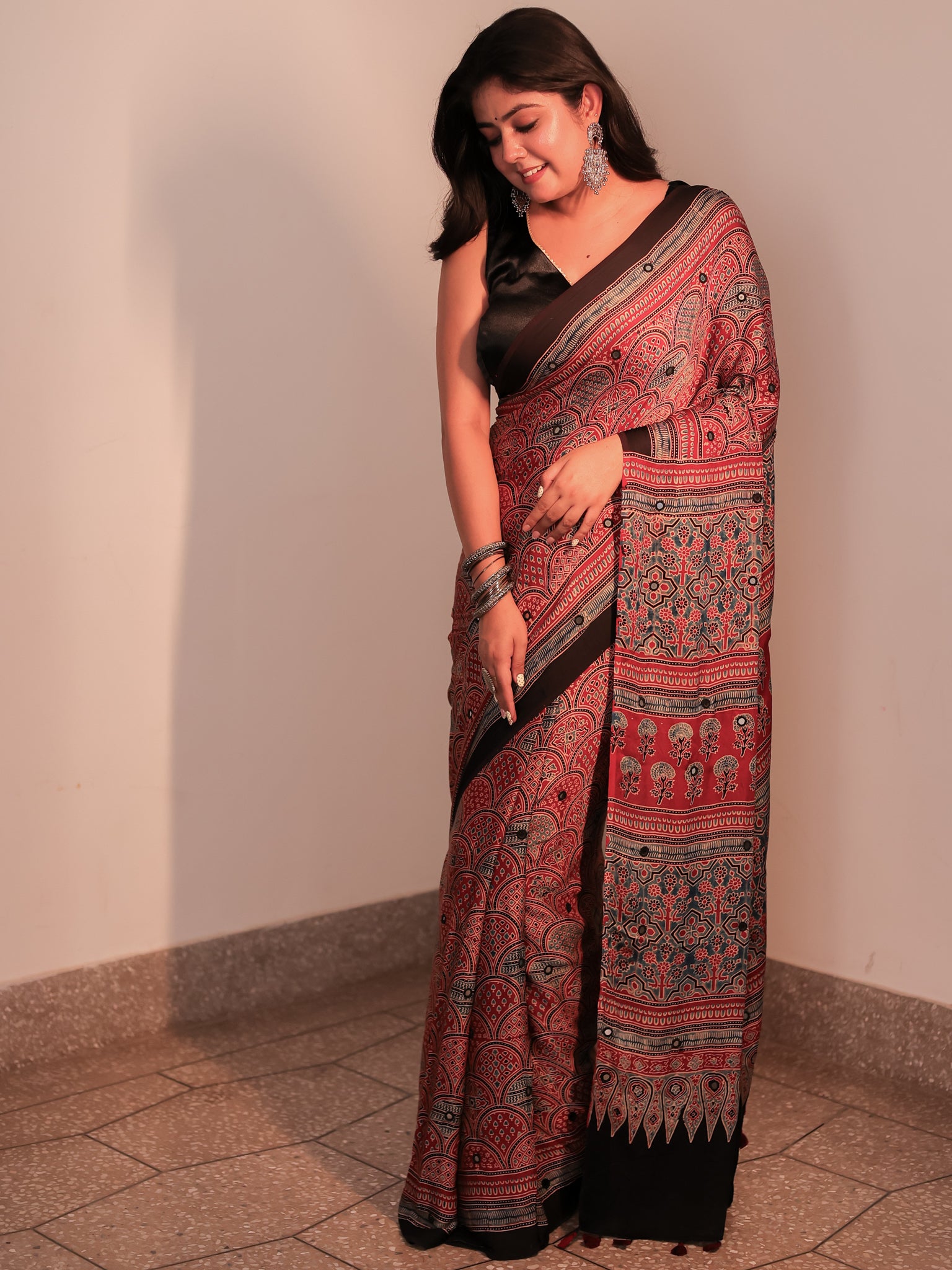 Red Mirror Work Ajrakh Modal Silk Saree
