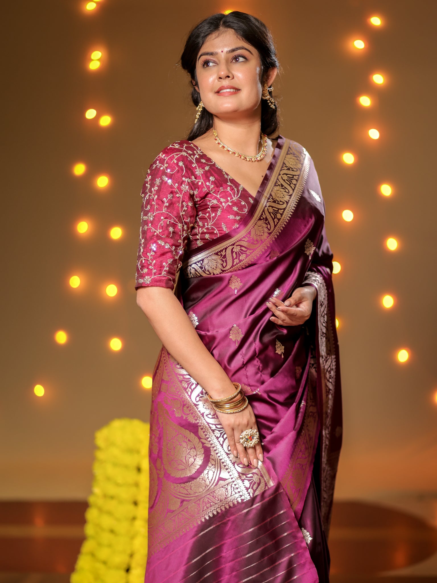Banarasi Mashru Silk Saree With Buti & Border- Wine
