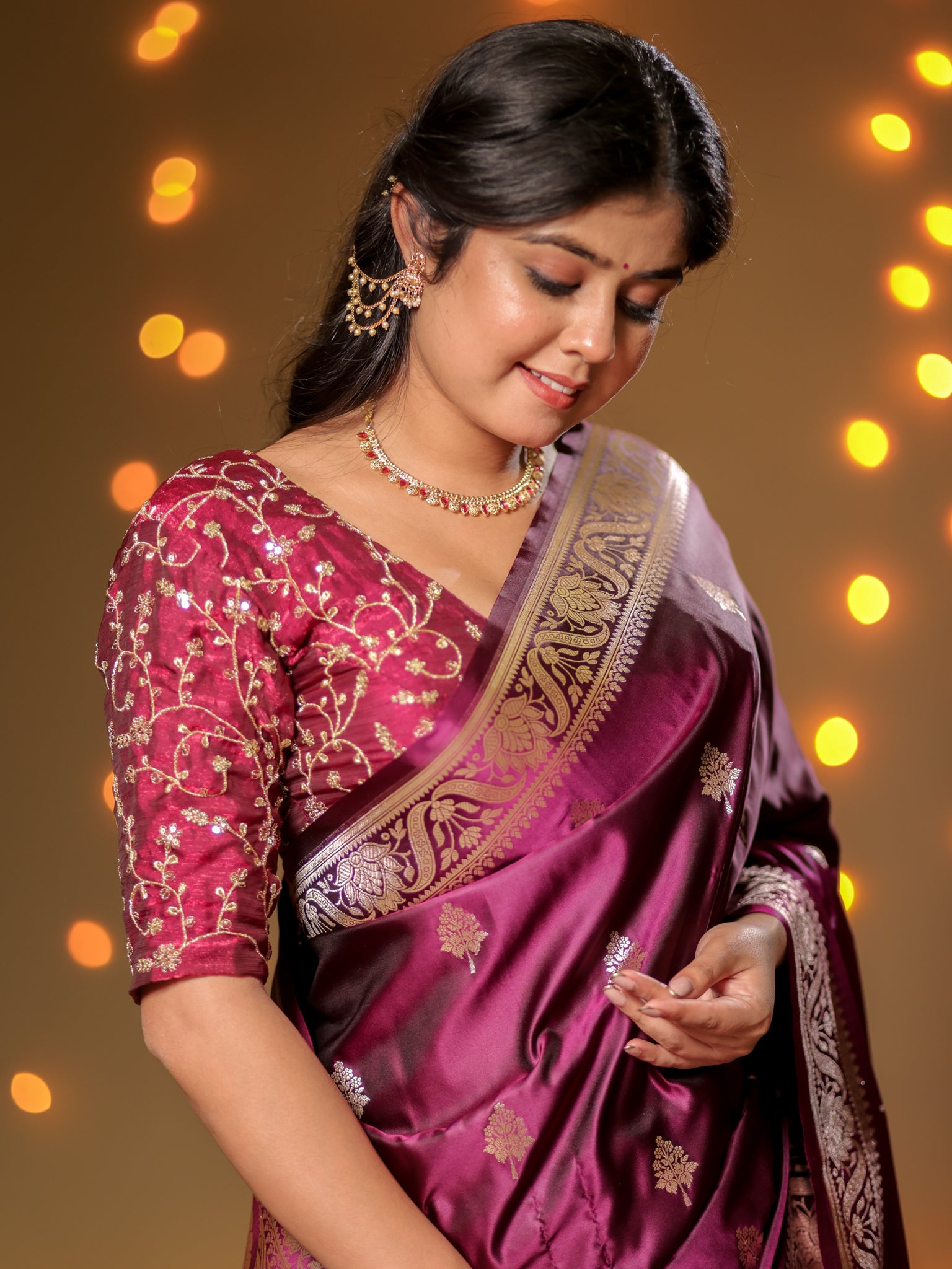 Banarasi Mashru Silk Saree With Buti & Border- Wine