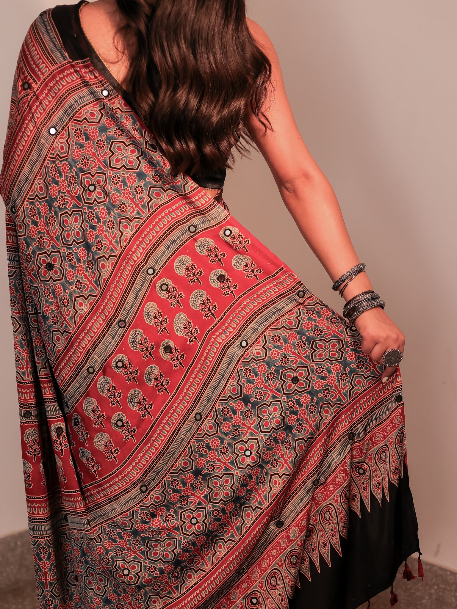 Red Mirror Work Ajrakh Modal Silk Saree