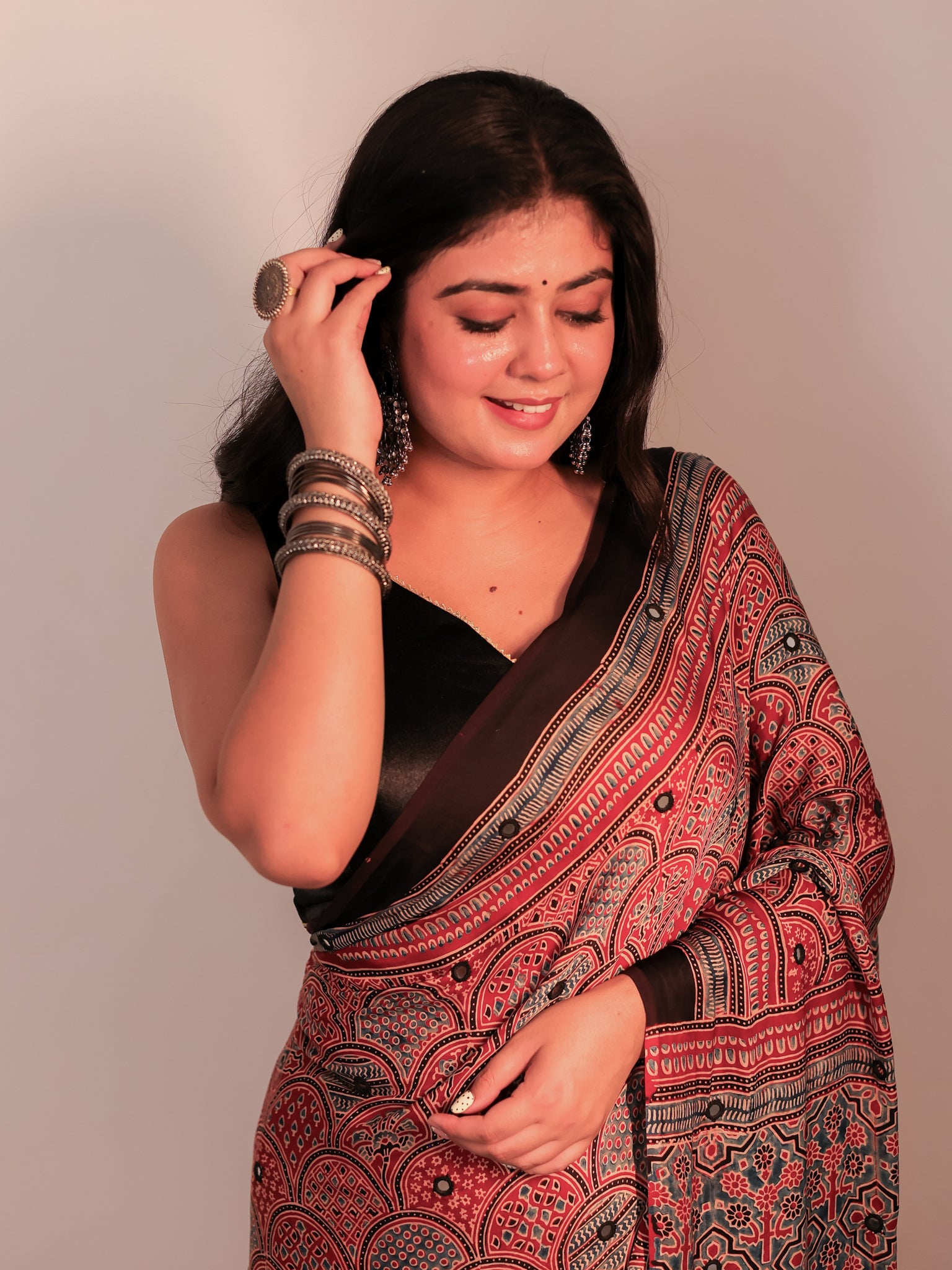 Red Mirror Work Ajrakh Modal Silk Saree