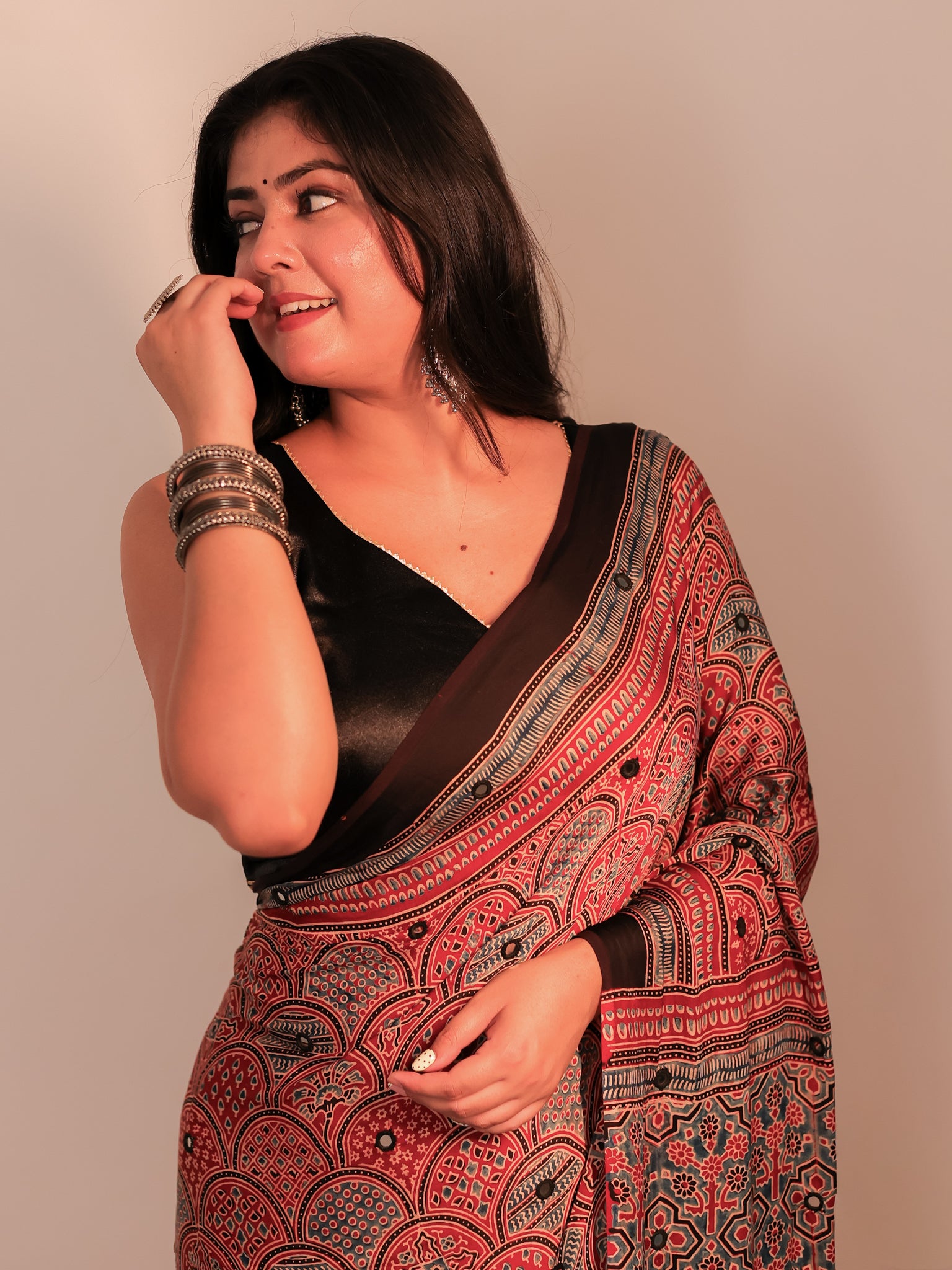 Red Mirror Work Ajrakh Modal Silk Saree