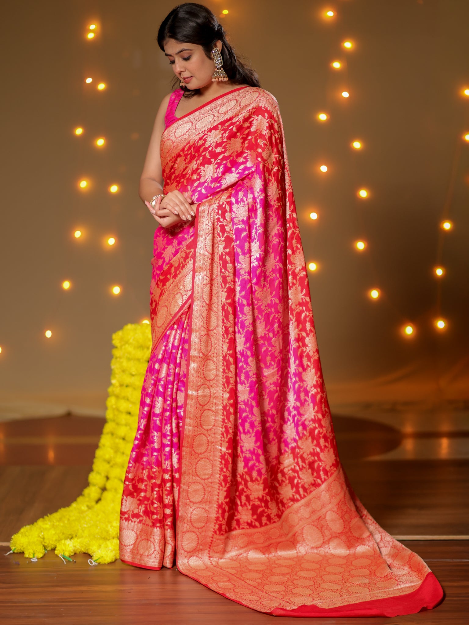 Banarasi Pure Khaddi Georgette Shaded Saree With Zari Weaving- Pink