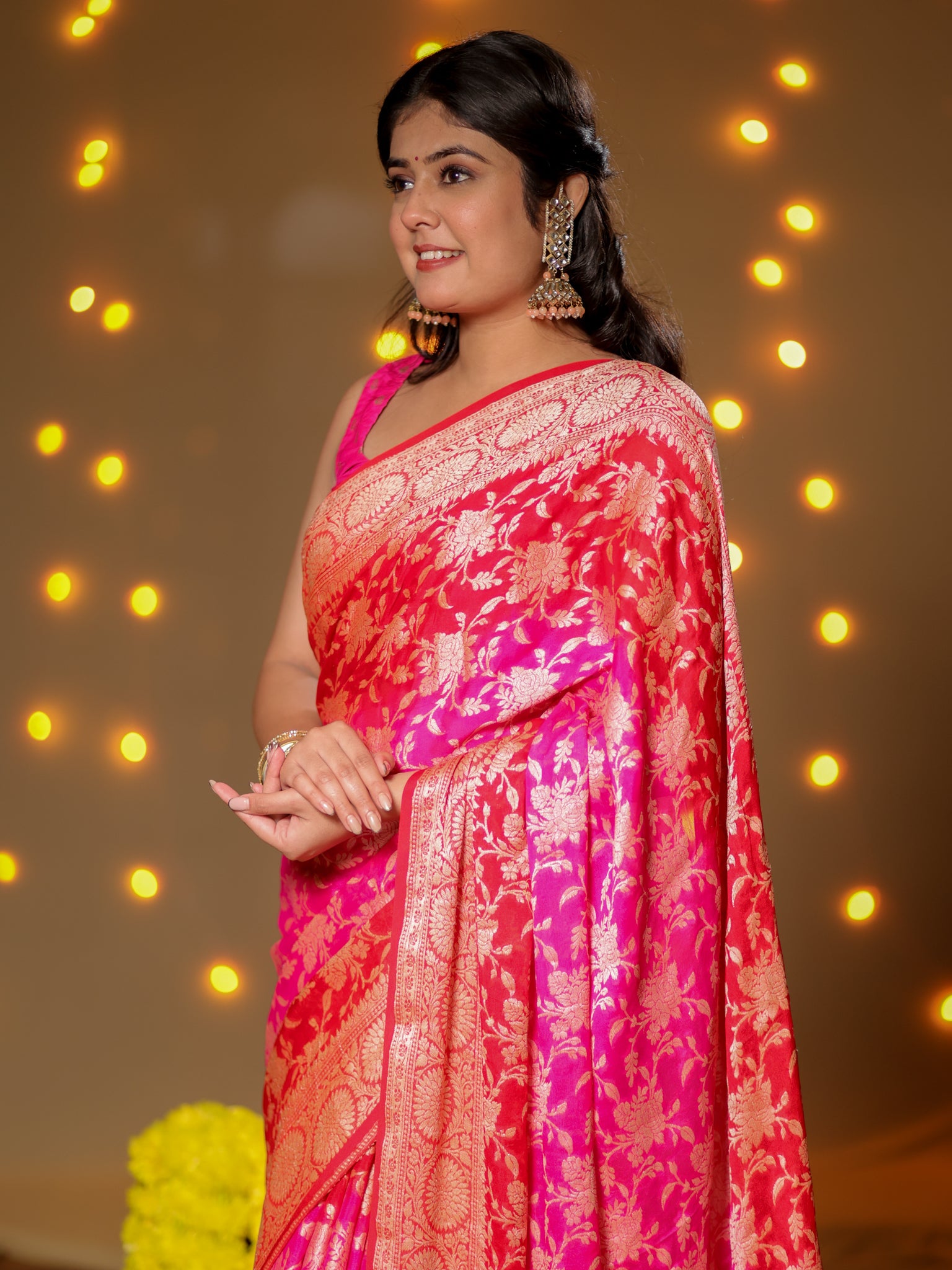 Banarasi Pure Khaddi Georgette Shaded Saree With Zari Weaving- Pink