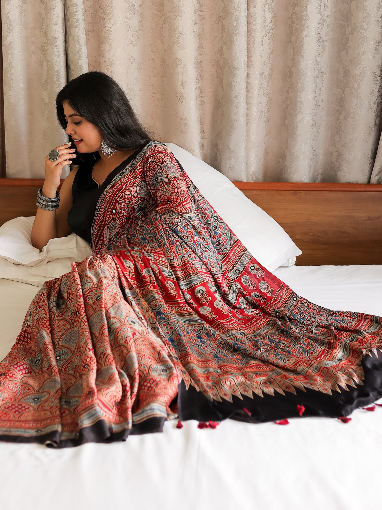 Red Mirror Work Ajrakh Modal Silk Saree